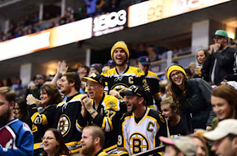 Nov 13, 2016; Denver, CO, USA; Boston Bruins fans react to a goal by center David Krejci (46) (not pictured) in the first period against the Colorado Avalanche at Pepsi Center. Mandatory Credit: Ron Chenoy-USA TODAY Sports