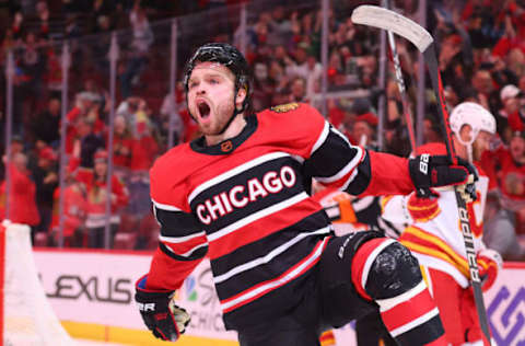 Max Domi #13 of the Chicago Blackhawks (Photo by Michael Reaves/Getty Images)