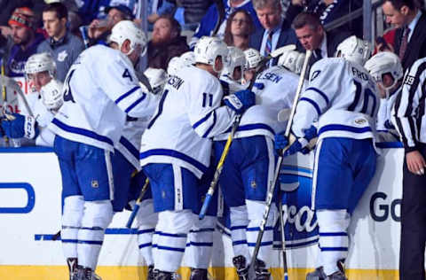 TORONTO, ON – DECEMBER 3: Toronto Marlies get last minute instructions from Head coach Sheldon Keefe during AHL game action against the Hartford Wolf Pack on December 3, 2016 at Ricoh Coliseum in Toronto, Ontario, Canada. (Photo by Graig Abel/Getty Images)