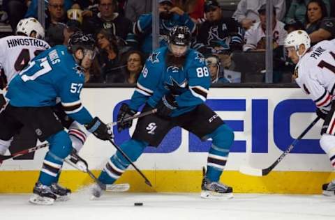 Nov 23, 2016; San Jose, CA, USA; San Jose Sharks defenseman Brent Burns (88) takes control of the puck during the game against the Chicago Blackhawks in the third period at SAP Center at San Jose. The San Jose Sharks defeated the Chicago Blackhawks with a score of 2-1. Mandatory Credit: Stan Szeto-USA TODAY Sports