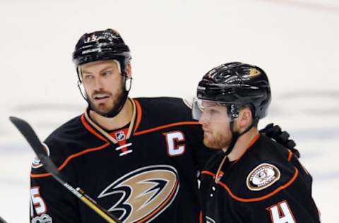 ANAHEIM, CA – MAY 05: Anaheim Ducks captain Ryan Getzlaf (15) with defenseman Cam Fowler (4) after Fowler scored a goal during the third period of game 5 of the second round of the 2017 Stanley Cup Playoffs. (Photo by John Cordes/Icon Sportswire via Getty Images)