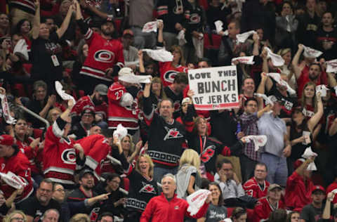 RALEIGH, NC – MAY 03: Carolina Hurricanes fans celebrate during a game between the Carolina Hurricanes and the New York Islanders on March 3, 2019 at the PNC Arena in Raleigh, NC. (Photo by Greg Thompson/Icon Sportswire via Getty Images)