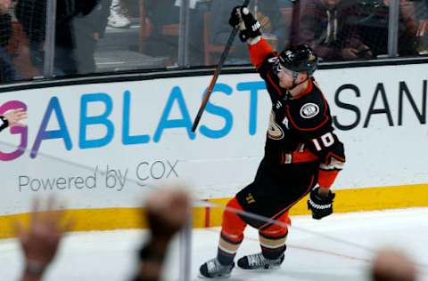 ANAHEIM, CA – FEBRUARY 9: Corey Perry #10 of the Anaheim Ducks celebrates his goal in the second period of the game against the Edmonton Oilers on February 9, 2018, at Honda Center in Anaheim, California. (Photo by Debora Robinson/NHLI via Getty Images)