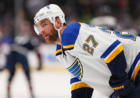 DENVER, CO – JANUARY 02: St. Louis Blues Defenceman Alex Pietrangelo (27) during a regular season game between the Colorado Avalanche and the visiting St. Louis Blues on January 2, 2020 at the Pepsi Center in Denver, CO. (Photo by Russell Lansford/Icon Sportswire via Getty Images)