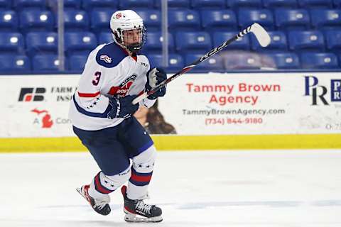 Isaac Howard #3 of Team White skates the ice in the third period of the USA Hockey All-American Game (Photo by Mike Mulholland/Getty Images)