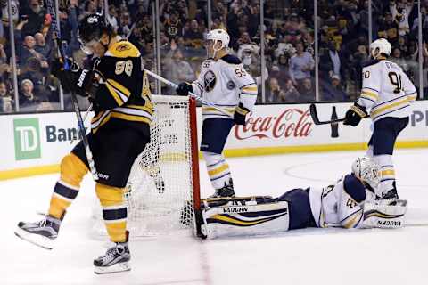 Nov 7, 2016; Boston, MA, USA; Boston Bruins right wing David Pastrnak (88) celebrates after scoring a goal on Buffalo Sabres goalie Robin Lehner (40) during the third period at TD Garden. The Boston Bruins won 4-0. Mandatory Credit: Greg M. Cooper-USA TODAY Sports