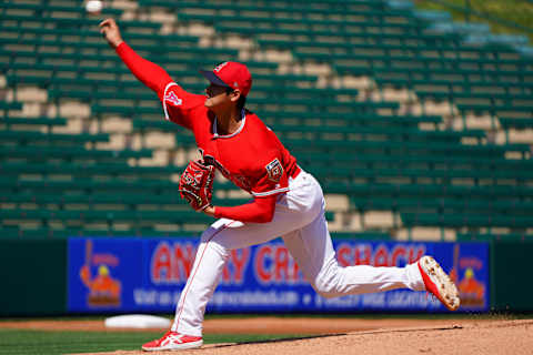 TEMPE, AZ -MARCH 09: Shohei Ohtani of Los Angeles Angels pitches during the practice game against the Tijuana Toros of the Mexican League on March 9, 2018 in Tempe, Arizona. (Photo by Masterpress/Getty Images)