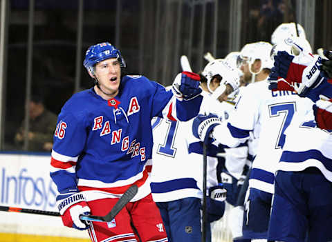 NEW YORK, NEW YORK – JANUARY 02: Ryan Strome #16 of the New York Rangers celebrates his first period goal against the Tampa Bay Lightning at Madison Square Garden on January 02, 2022 in New York City. (Photo by Bruce Bennett/Getty Images)