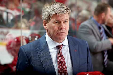 RALEIGH, NC – NOVEMBER 13: Bill Peters, head coach of the Carolina Hurricanes watches action on the ice during an NHL game against the Dallas Stars on November 13, 2017 at PNC Arena in Raleigh, North Carolina. (Photo by Gregg Forwerck/NHLI via Getty Images)