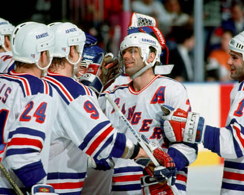 2002 Season: Mike Gartner celebrates his 600th NHL goal. (Photo by Bruce Bennett Studios/Getty Images)