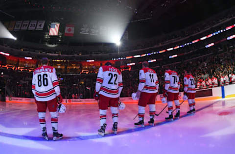 LOS ANGELES, CA – DECEMBER 9: Teuvo Teravainen #86, Brett Pesce #22, Jordan Staal #11, Jaccob Slavin #74, and Sebastian Aho #20 of the Carolina Hurricanes stand for the National Anthem before a game against the Los Angeles Kings at STAPLES Center on December 9, 2017 in Los Angeles, California. (Photo by Adam Pantozzi/NHLI via Getty Images)