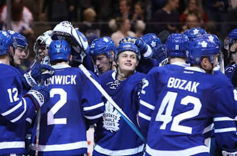 Oct 2, 2016; Toronto, Ontario, CAN; Toronto Maple Leafs forward William Nylander (29) celebrates an overtime goal scored by defenseman Matt Hunwick (2) against the Montreal Canadiens during a preseason hockey game at Air Canada Centre. The Maple Leafs beat the Canadiens 3-2 in overtime. Mandatory Credit: Tom Szczerbowski-USA TODAY Sports