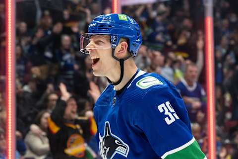 Apr 9, 2022; Vancouver, British Columbia, CAN; Vancouver Canucks right wing Alex Chiasson (39) celebrates after scoring a goal against the San Jose Sharks in the third period at Rogers Arena. Vancouver won 4-2. Mandatory Credit: Derek Cain-USA TODAY Sports