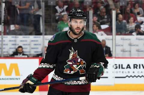 GLENDALE, AZ – OCTOBER 06: Jason Demers #55 of the Arizona Coyotes looks up ice against the Anaheim Ducks at Gila River Arena on October 6, 2018 in Glendale, Arizona. (Photo by Norm Hall/NHLI via Getty Images)