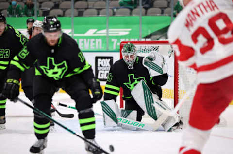 DALLAS, TEXAS – JANUARY 28: Jake Oettinger #29 of the Dallas Stars in goal against the Detroit Red Wings in the third period at American Airlines Center on January 28, 2021 in Dallas, Texas. (Photo by Ronald Martinez/Getty Images)