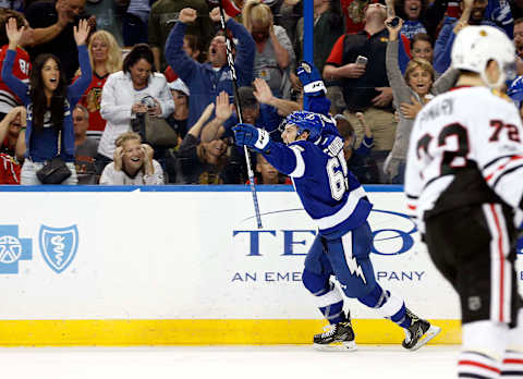 Mar 27, 2017; Tampa, FL, USA; Tampa Bay Lightning center Yanni Gourde (65) celebrates after scoring the game winning goal during overtime against the Chicago Blackhawks at Amalie Arena. The Lightning won 5-4 in overtime. Mandatory Credit: Kim Klement-USA TODAY Sports