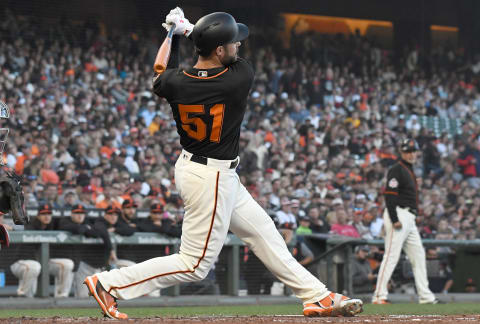 SAN FRANCISCO, CA – JUNE 02: Mac Williamson #51 of the San Francisco Giants bats against the Philadelphia Phillies in the bottom of the second inning at AT&T Park on June 2, 2018 in San Francisco, California. (Photo by Thearon W. Henderson/Getty Images)