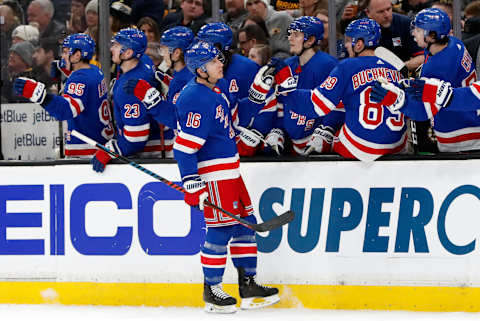 BOSTON, MA – MARCH 27: New York Rangers right wing Ryan Strome (16) skates by the bench after scoring during a game between the Boston Bruins and the New York Rangers on March 27, 2019, at TD Garden in Boston, Massachusetts. (Photo by Fred Kfoury III/Icon Sportswire via Getty Images)