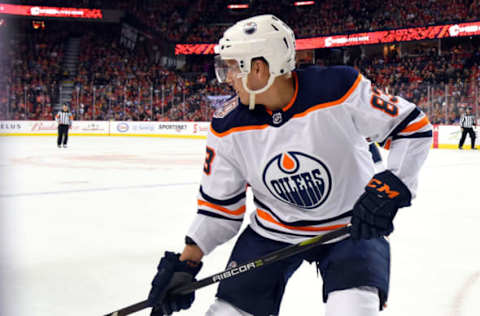 CALGARY, AB – NOVEMBER 17: Edmonton Oilers Defenceman Matt Benning (83) watches the play during the first period of an NHL game where the Calgary Flames hosted the Edmonton Oilers on November 17, 2018, at the Scotiabank Saddledome in Calgary, AB. (Photo by Brett Holmes/Icon Sportswire via Getty Images)