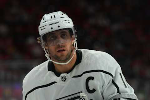 Jan 31, 2023; Raleigh, North Carolina, USA; Los Angeles Kings center Anze Kopitar (11) looks on against the Carolina Hurricanes during the first period at PNC Arena. Mandatory Credit: James Guillory-USA TODAY Sports