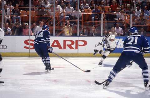 INGLEWOOD, CA – MAY 28: Wayne Gretzky #99 of the Los Angeles Kings with a slap shot on game 6 of the on MAY 28, 1993 at the Great Western Forum in Inglewood, California. (Photo By Bernstein Associates/Getty Images)