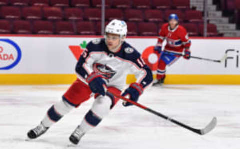 MONTREAL, QC – JANUARY 30: Max Domi #16 of the Columbus Blue Jackets skates against the Montreal Canadiens during the second period at Centre Bell on January 30, 2022, in Montreal, Canada. The Columbus Blue Jackets defeated the Montreal Canadiens 6-3. (Photo by Minas Panagiotakis/Getty Images)