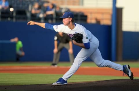 GAINESVILLE, FL – APRIL 26: Brady Singer (51) of the Gators delivers a pitch to the plate during the college baseball game between the No. 22 Auburn Tigers and the No. 1 Florida Gators on April 26, 2018 at Alfred A. McKethan Stadium in Gainesville, Florida. (Photo by Cliff Welch/Icon Sportswire via Getty Images)