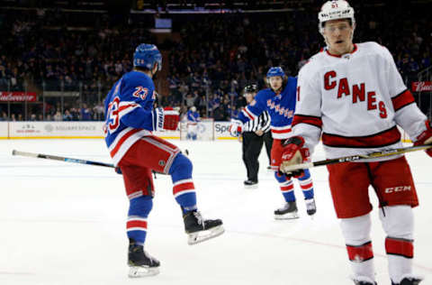 NEW YORK, NY – NOVEMBER 27: Adam Fox #23 of the New York Rangers reacts after scoring a goal in the first period against the Carolina Hurricanes at Madison Square Garden on November 27, 2019 in New York City. (Photo by Jared Silber/NHLI via Getty Images)