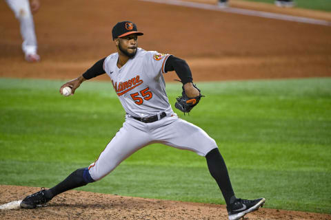 Aug 3, 2022; Arlington, Texas, USA; Baltimore Orioles relief pitcher Dillon Tate (55) in action during the game between the Texas Rangers and the Baltimore Orioles at Globe Life Field. Mandatory Credit: Jerome Miron-USA TODAY Sports