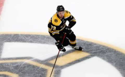 Jun 7, 2021; Boston, Massachusetts, USA; Boston Bruins defenseman Charlie McAvoy (73) skates the puck during the third period of game five of the second round of the 2021 Stanley Cup Playoffs against the New York Islanders at TD Garden. Mandatory Credit: Winslow Townson-USA TODAY Sports