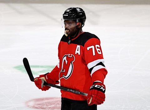 NEWARK, NEW JERSEY – APRIL 11: P.K. Subban #76 of the New Jersey Devils waits for the review o .The Pittsburgh Penguins defeated the New Jersey Devils 5-2. (Photo by Elsa/Getty Images)