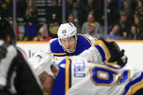 NASHVILLE, TN – FEBRUARY 10: St. Louis Blues winger Alexander Steen (20) is shown during the NHL game between the Nashville Predators and St. Louis Blues, held on February 10, 2019, at Bridgestone Arena in Nashville, Tennessee. (Photo by Danny Murphy/Icon Sportswire via Getty Images)