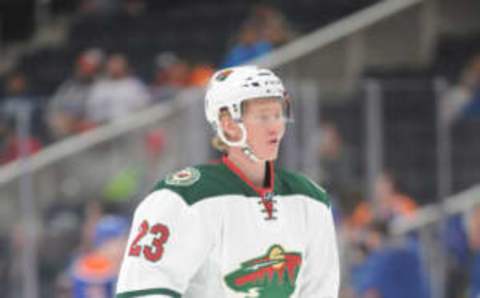 Dec 4, 2016; Edmonton, Alberta, CAN; Minnesota Wild defenceman Gustav Olofsson (23) is seen out on the ice during the pre-game warm-up as they get set to play against the Edmonton Oilers before the first period at Rogers Place. Mandatory Credit: Walter Tychnowicz-USA TODAY Sports