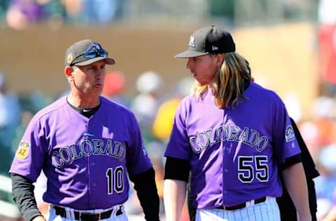 Mar 9, 2017; Scottsdale, AZ, USA; Colorado Rockies manager Bud Black (left) talks with pitcher Jon Gray against Puerto Rico during a 2017 World Baseball Classic exhibition game at Salt River Fields. Mandatory Credit: Mark J. Rebilas-USA TODAY Sports