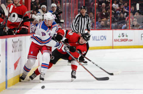 OTTAWA, ON – NOVEMBER 29: Maxime Lajoie #58 of the Ottawa Senators poke checks the puck away from Ryan Strome #16 of the New York Rangers at Canadian Tire Centre on November 29, 2018 in Ottawa, Ontario, Canada. (Photo by Jana Chytilova/Freestyle Photography/Getty Images)