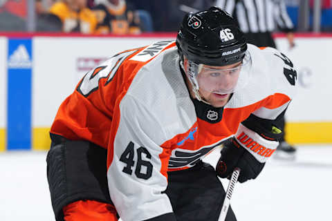 PHILADELPHIA, PENNSYLVANIA – OCTOBER 2: Bobby Brink #46 of the Philadelphia Flyers looks on against the Boston Bruins during the preseason game at the Wells Fargo Center on October 2, 2023 in Philadelphia, Pennsylvania. (Photo by Mitchell Leff/Getty Images)