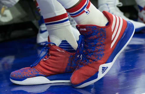 Nov 21, 2016; Philadelphia, PA, USA; Adidas sneaker detail of Philadelphia 76ers center Joel Embiid during the second quarter against the Miami Heat at Wells Fargo Center. Mandatory Credit: Bill Streicher-USA TODAY Sports