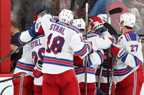 The Rangers, in Reebok’s apron style jersey, celebrate. (Photo by Jana Chytilova/Freestyle Photography/Getty Images)