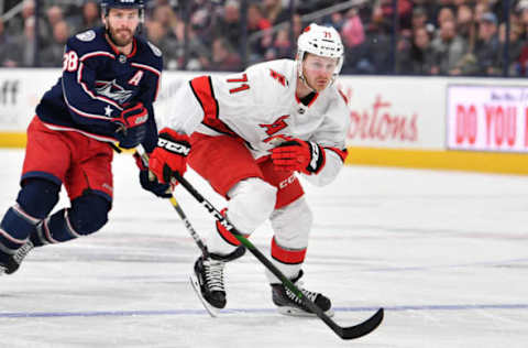 COLUMBUS, OH – JANUARY 16: Lucas Wallmark #71 of the Carolina Hurricanes skates against the Columbus Blue Jackets on January 16, 2020 at Nationwide Arena in Columbus, Ohio. (Photo by Jamie Sabau/NHLI via Getty Images)