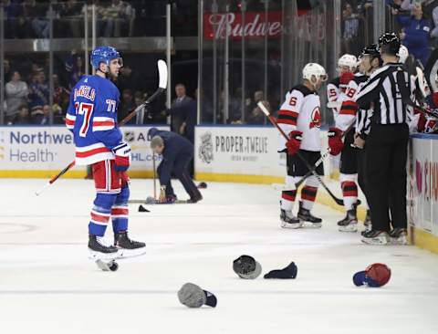 NEW YORK, NEW YORK – JANUARY 09: Tony DeAngelo #77 of the New York Rangers makes his way back to the bench after scoring his hat-trick goal at 15:02 of the second period against the New Jersey Devils at Madison Square Garden on January 09, 2020 in New York City. (Photo by Bruce Bennett/Getty Images)