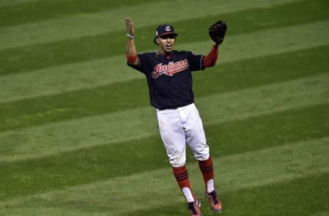 Nov 2, 2016; Cleveland, OH, USA; Cleveland Indians shortstop Francisco Lindor (12) reacts after throwing out Chicago Cubs center fielder Dexter Fowler (not pictured) in the 9th inning in game seven of the 2016 World Series at Progressive Field. Mandatory Credit: David Richard-USA TODAY Sports