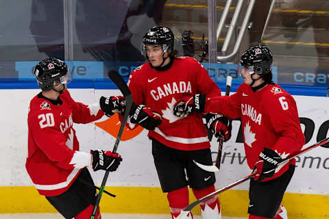 Dawson Mercer #20 of Canada. (Photo by Codie McLachlan/Getty Images)