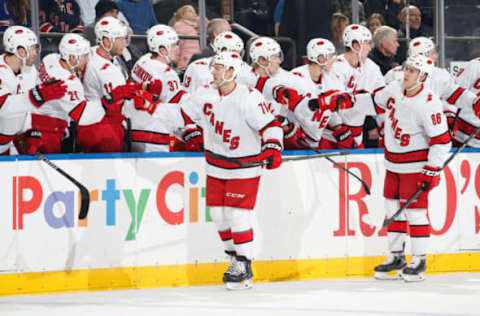 NEW YORK, NY – DECEMBER 27: Lucas Wallmark #71 of the Carolina Hurricanes celebrates after scoring a goal in the first period against the New York Rangers at Madison Square Garden on December 27, 2019 in New York City. (Photo by Jared Silber/NHLI via Getty Images)