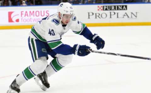 ST. LOUIS, MO – APRIL 06: Vancouver Canucks defenseman Quinn Hughes (43) during a NHL game between the Vancouver Canucks and the St. Louis Blues on April 06, 2019, at Enterprise Center, St. Louis, Mo. (Photo by Keith Gillett/Icon Sportswire via Getty Images)