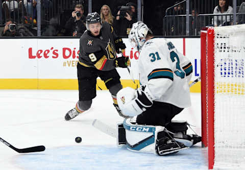 LAS VEGAS, NEVADA – SEPTEMBER 29: Martin Jones #31 of the San Jose Sharks saves a shot by Cody Glass #9 of the Vegas Golden Knights during the first period at T-Mobile Arena on September 29, 2019 in Las Vegas, Nevada. (Photo by David Becker/NHLI via Getty Images)