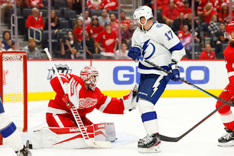 Oct 14, 2021; Detroit, Michigan, USA; Detroit Red Wings goaltender Alex Nedeljkovic (39) makes a save in front of Tampa Bay Lightning left wing Alex Killorn (17) in the third period at Little Caesars Arena. Mandatory Credit: Rick Osentoski-USA TODAY Sports