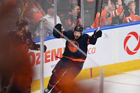 Jun 6, 2022; Edmonton, Alberta, CAN; Edmonton Oilers forward Zach Hyman (18) celebrates his goal against the Colorado Avalanche during the second period in game four of the Western Conference Final of the 2022 Stanley Cup Playoffs at Rogers Place. Mandatory Credit: Walter Tychnowicz-USA TODAY Sports