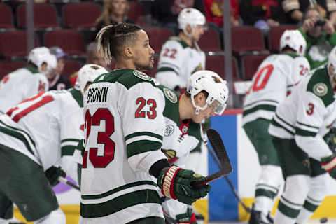 CHICAGO, IL – NOVEMBER 18: J.T. Brown #23 of the Minnesota Wild warms-up prior to the game against the Chicago Blackhawks at the United Center on November 18, 2018 in Chicago, Illinois. (Photo by Bill Smith/NHLI via Getty Images)