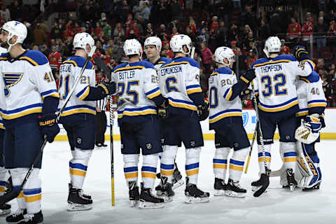 CHICAGO, IL – APRIL 06: The St. Louis Blues celebrate after defeating the Chicago Blackhawks 4-1 at the United Center on April 6, 2018 in Chicago, Illinois. (Photo by Bill Smith/NHLI via Getty Images)