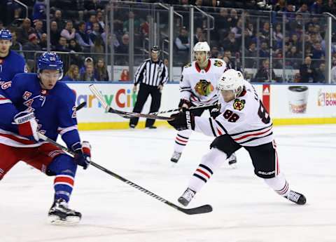 NEW YORK, NY – JANUARY 03: Patrick Kane #88 of the Chicago Blackhawks takes the first-period shot against the New York Rangers at Madison Square Garden on January 3, 2018, in New York City. (Photo by Bruce Bennett/Getty Images)